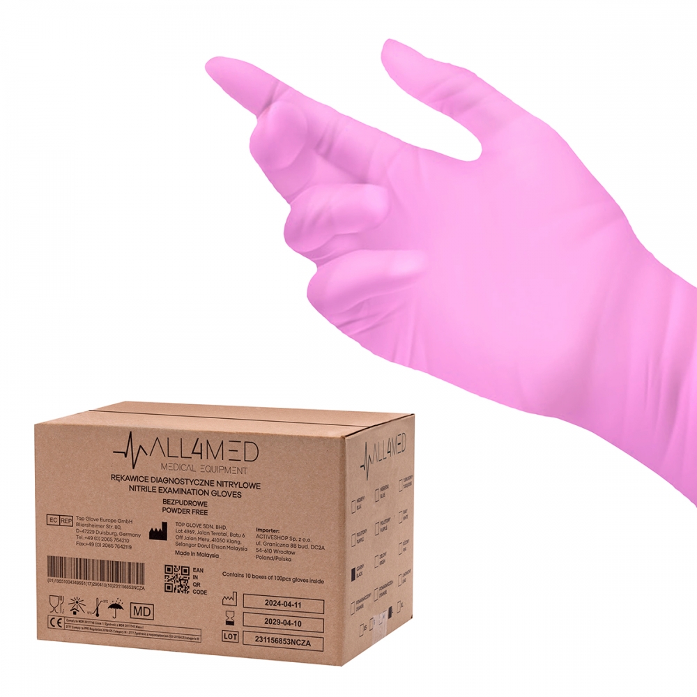 All4med disposable diagnostic nitrile gloves pink L 10x100 pieces (122943)